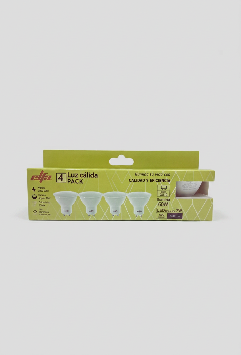 Pack 4 Ampolletas LED GU10 Elfa - 7W (Equivale a 60W) Luz Cálida 3000K 2