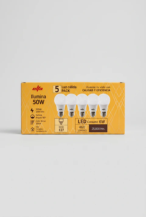 PACK5 Ampolleta LED A60 Elfa - 7W (Equivale a 50W) Luz Cálida 3000K
