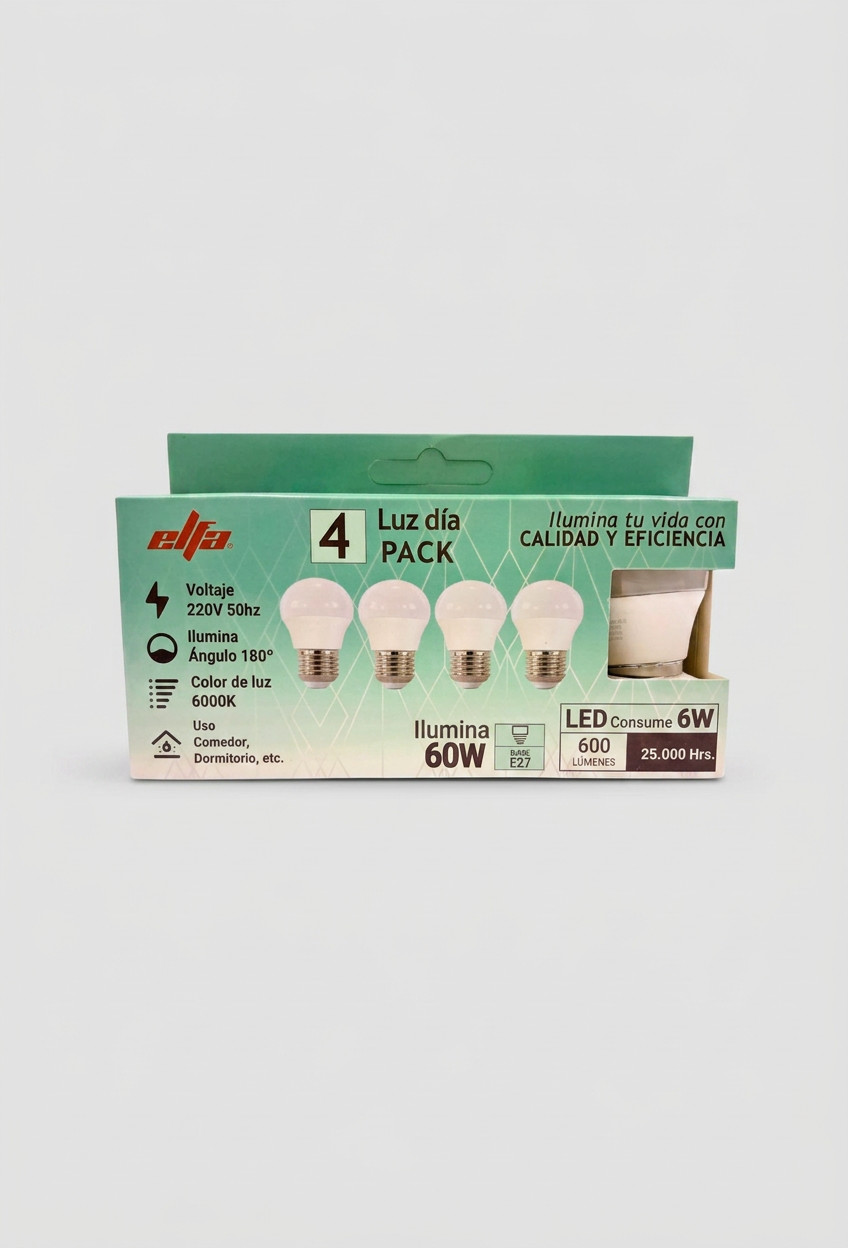 Pack de 4 Ampolletas LED Bola Elfa - 6W  Luz Día 6000K 2