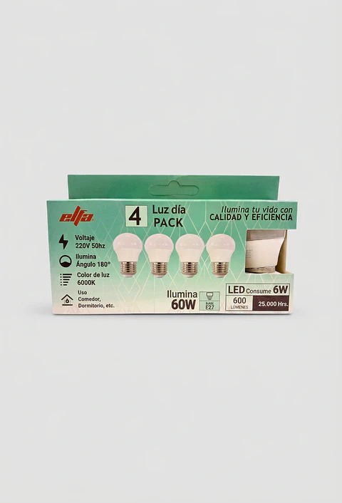 Pack de 4 Ampolletas LED Bola Elfa - 6W  Luz Día 6000K