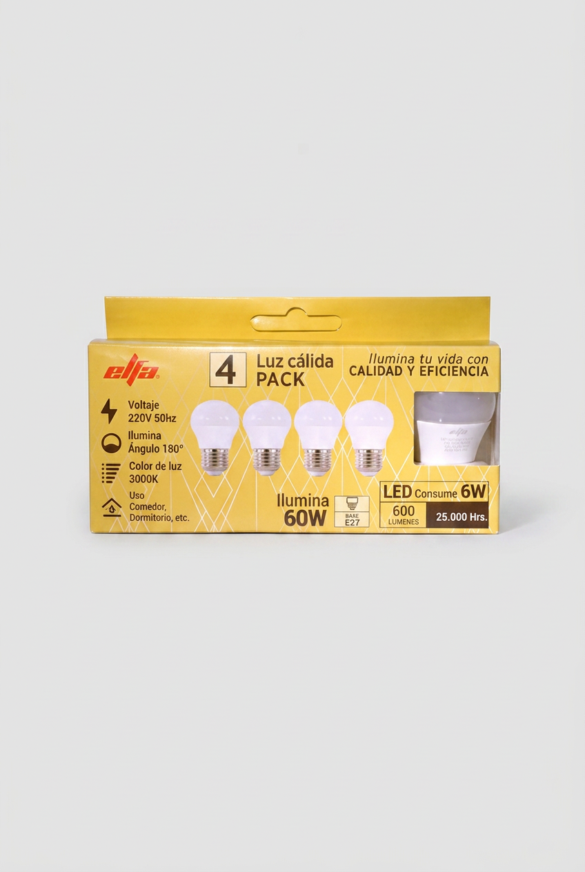 Pack de 4 Ampolletas LED Bola Elfa - 6W (Equivale a 40W) Luz Cálida 3000K 2