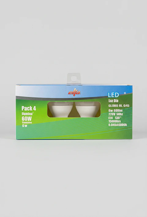 PACK 4 AMPOLLETAS LED G45 E14 6W 6000K ELFA