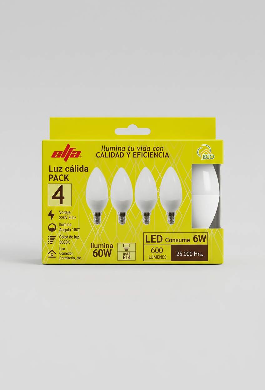 Pack 4 Ampolletas LED Vela Elfa - 6W E14 Luz Cálida (3000K) 2
