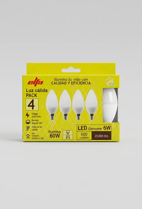 Pack 4 Ampolletas LED Vela Elfa - 6W E14 Luz Cálida (3000K)