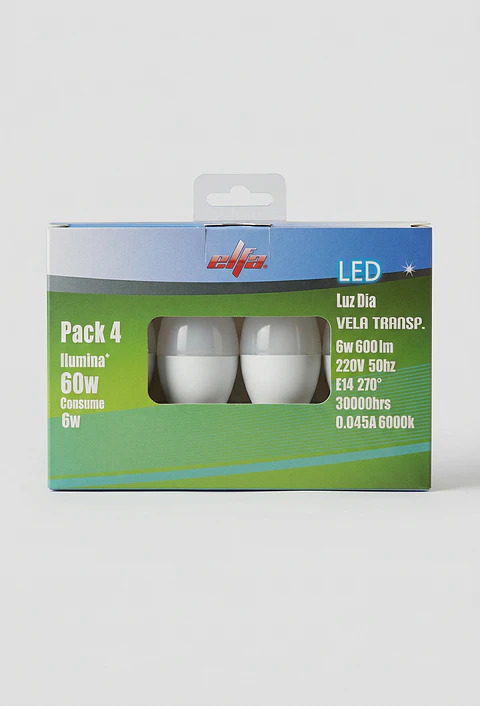 Pack de 4 Ampolletas LED Vela E14 6W Luz Fría