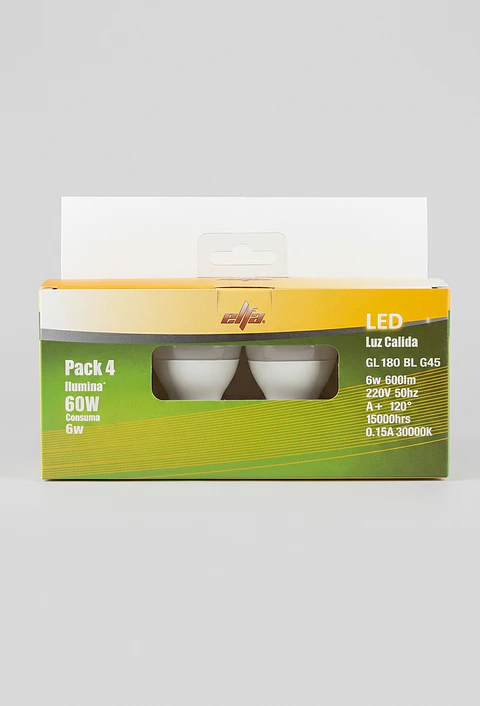 Pack de 4 Ampolletas LED G45 E14 6W Luz Cálida