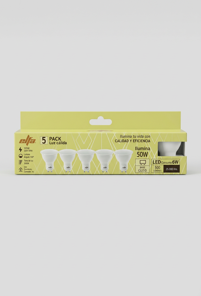 Pack de 5 Ampolletas LED GU10 6W Luz Cálida 3000K 2