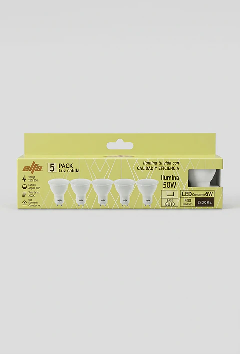 Pack de 5 Ampolletas LED GU10 6W Luz Cálida 3000K
