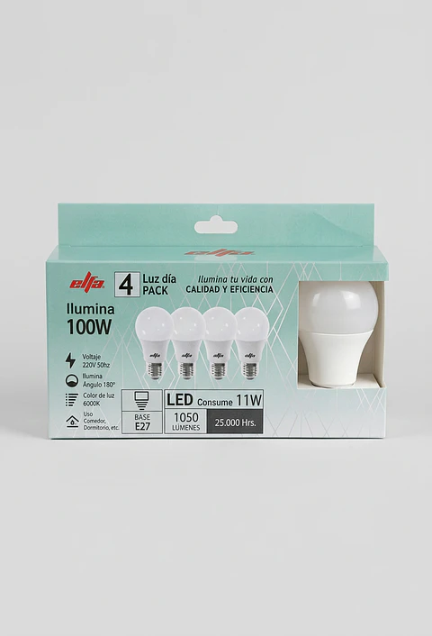 Pack 4 Ampolletas LED A60 Elfa - 11W (Equivale a 100W) Luz Día 6000K