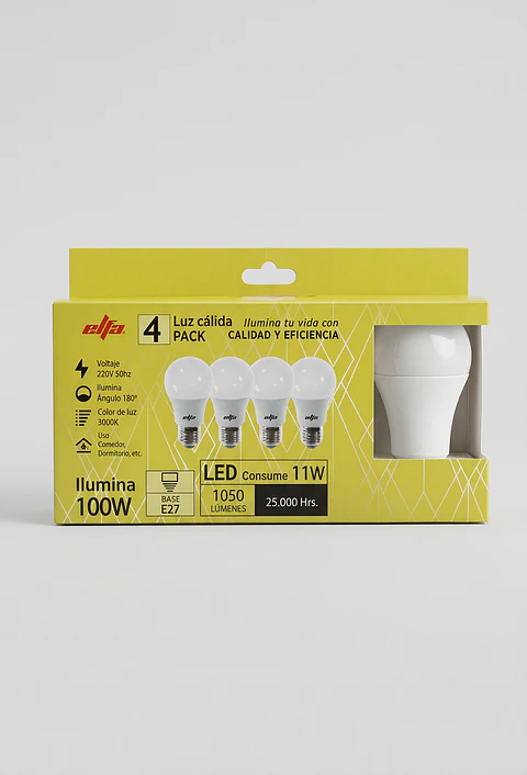 Pack 4 Ampolletas LED A60 Elfa - 11W (Equivale a 100W) Luz Cálida 3000K