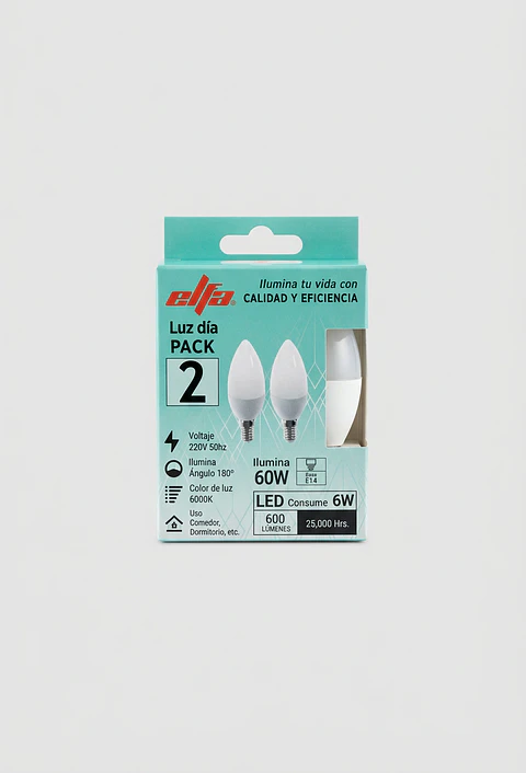 Pack 2 Ampolletas LED Vela 35A Elfa - 6W E14 Luz Día (6000K)