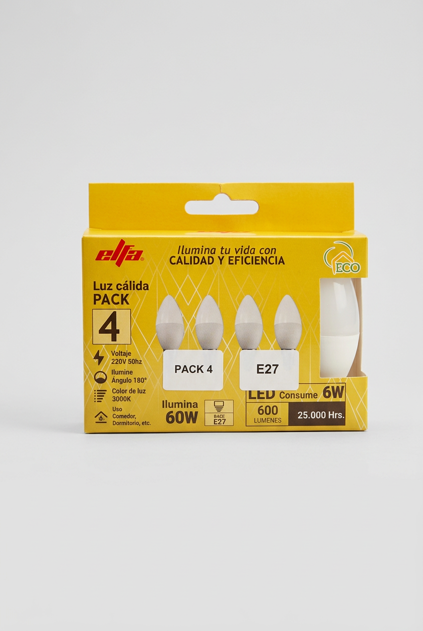 Pack 4 Ampolletas LED Vela Elfa - 6W E27 Luz Cálida (3000K) 2