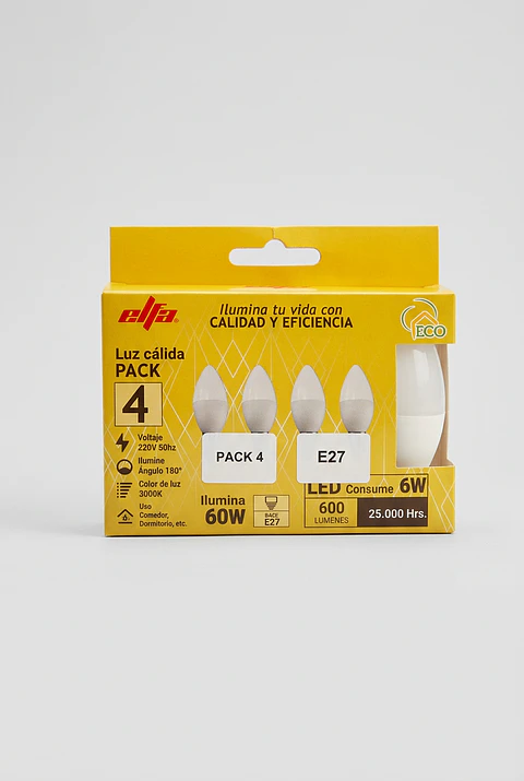 Pack 4 Ampolletas LED Vela Elfa - 6W E27 Luz Cálida (3000K)