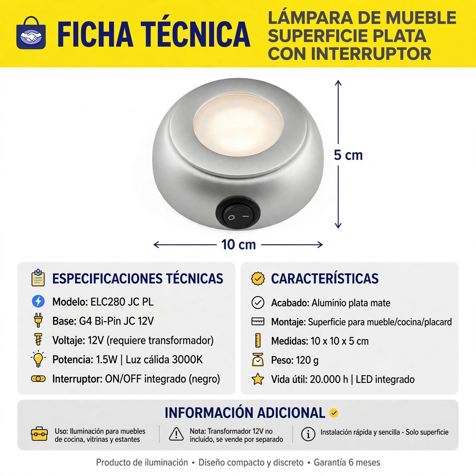 Lampara Embutida Fija ELC280 JC Plata Foco Mini Bi Pin G4 12V Elfa Cromado 3
