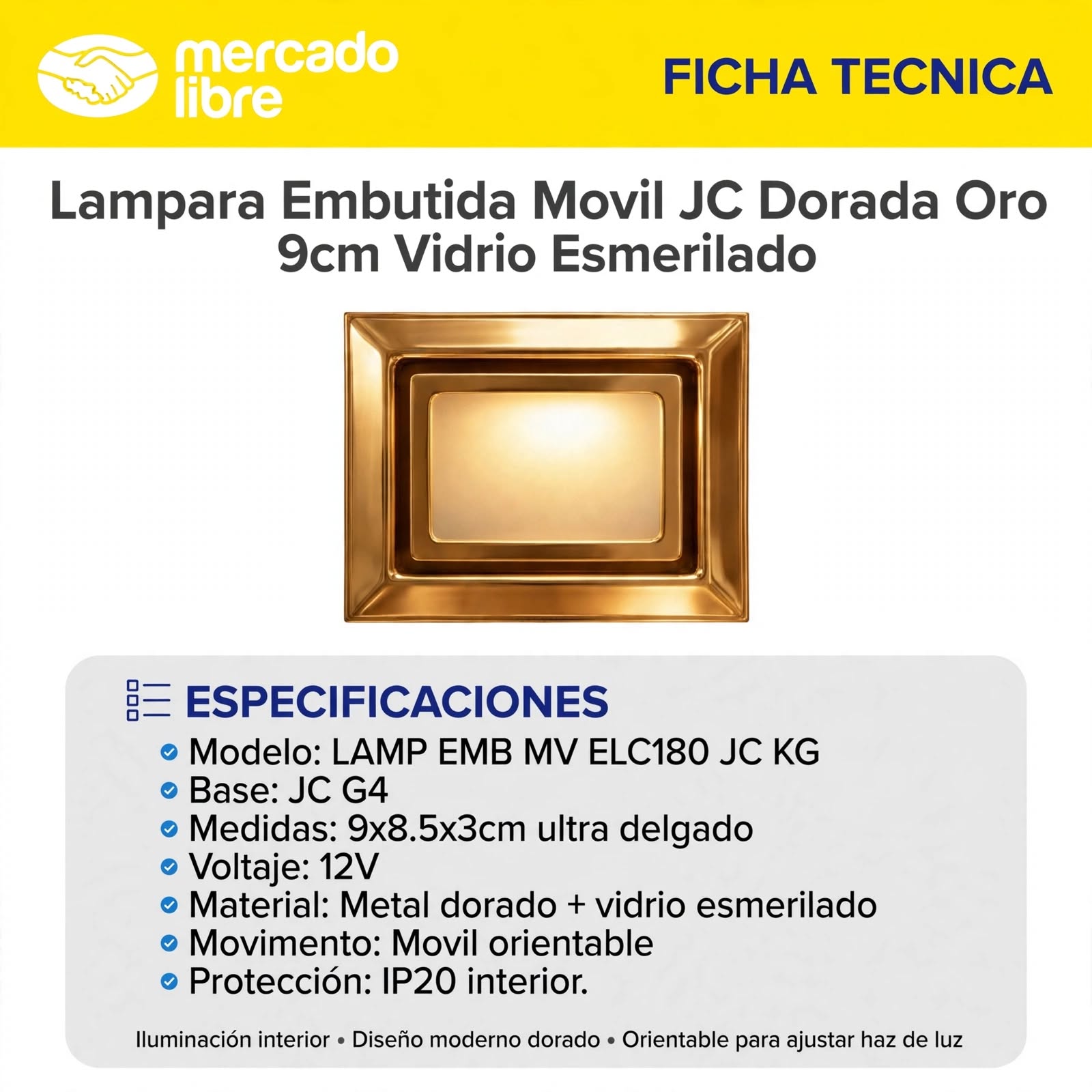Lampara Embutida Movil JC Dorada Oro Spot Rectangular Orientable 9cm Vidrio Esmerilado G4 3