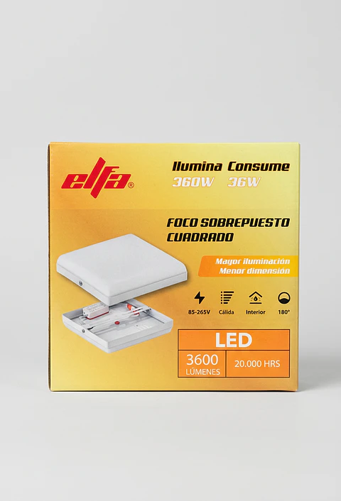 Foco Panel LED Sobrepuesto Cuadrado 36W Luz Calida 3000K Elfa Extra Plano
