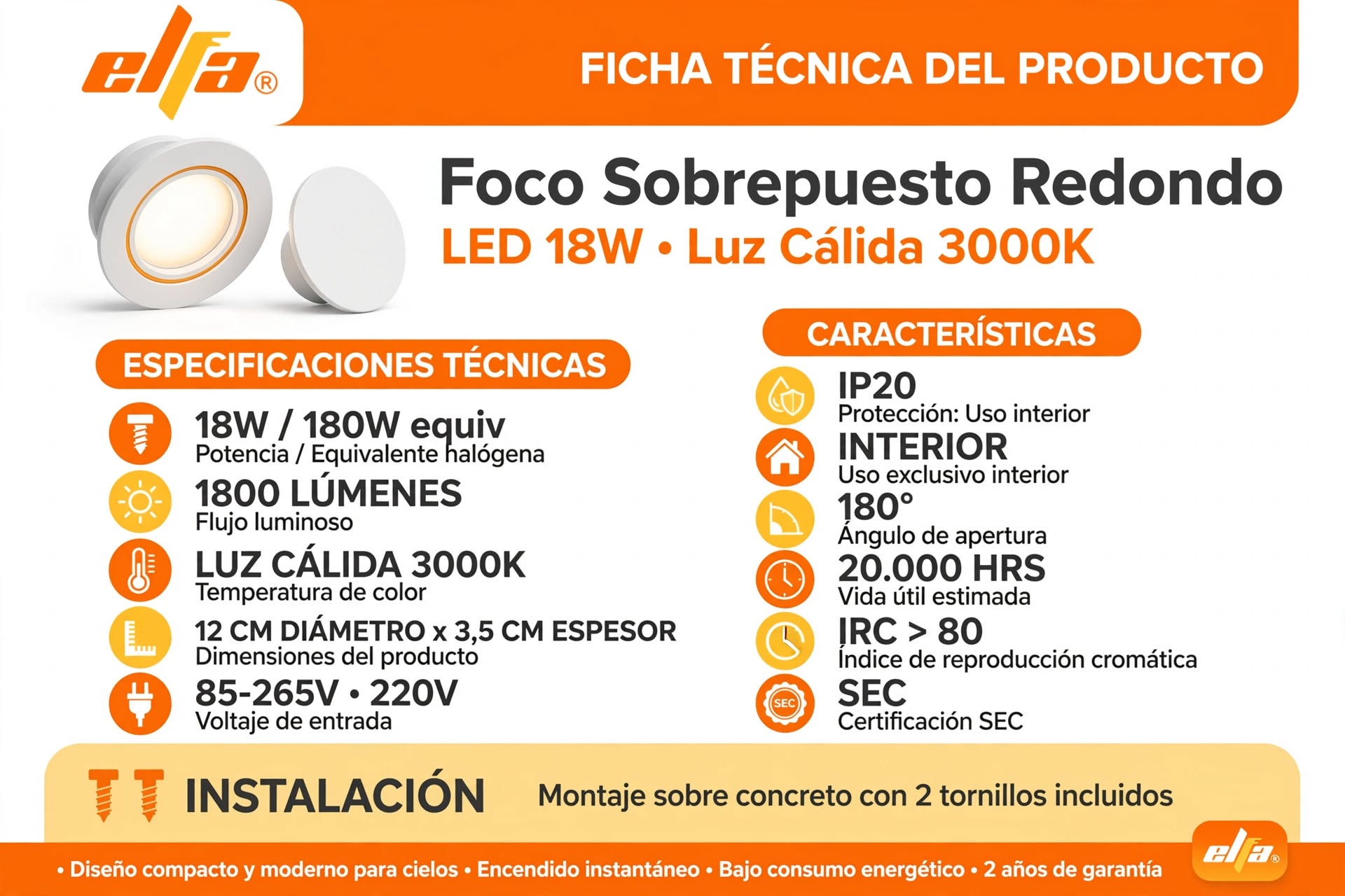 Foco Panel LED Sobrepuesto Redondo 18W Luz Calida 3000K 1800lm 12cm 3