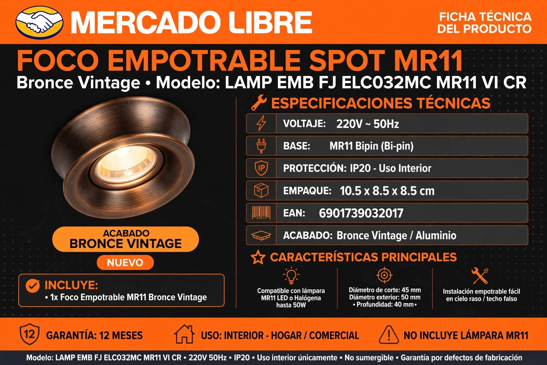 lampára Embutido Spot  Fijo MR11 Vintage Bronce 220V Para Cielo Falso Elfa 3