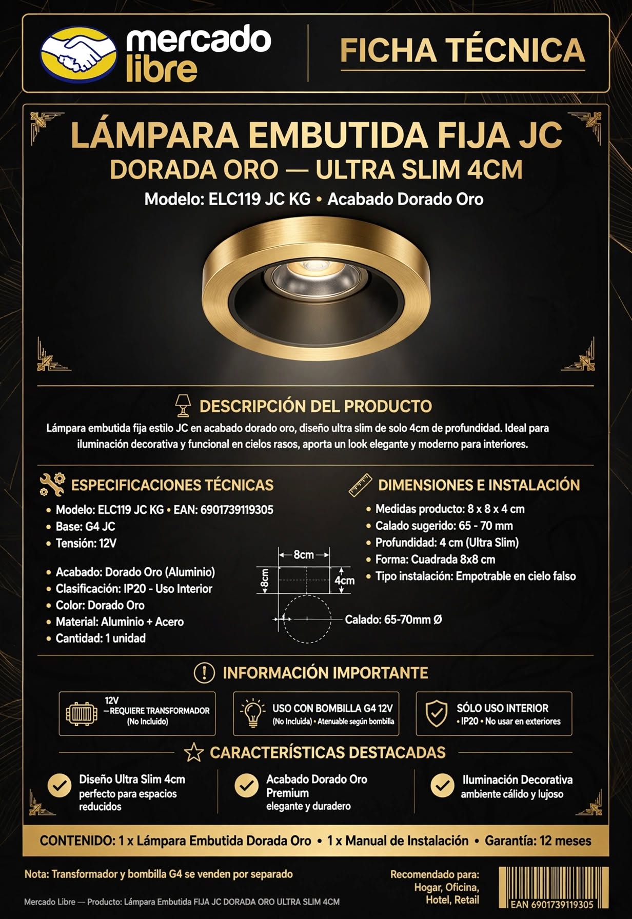 Spot Embutido JC G4 Oro Brillante 4cm Ultra Slim Vidrio Esmerilado 12V Para Mueble Vitrina Joyería 3