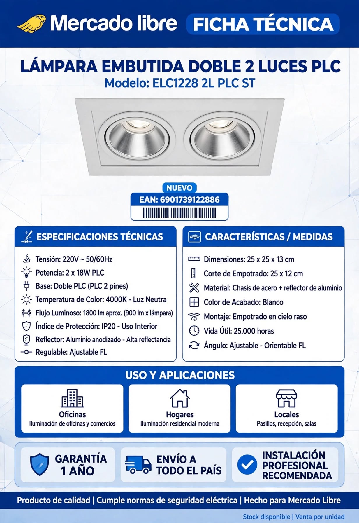 Foco Embutido 2 luces PLC 25cm 2 Luces 220V Reflector Aluminio Para Oficina Pasillo 3