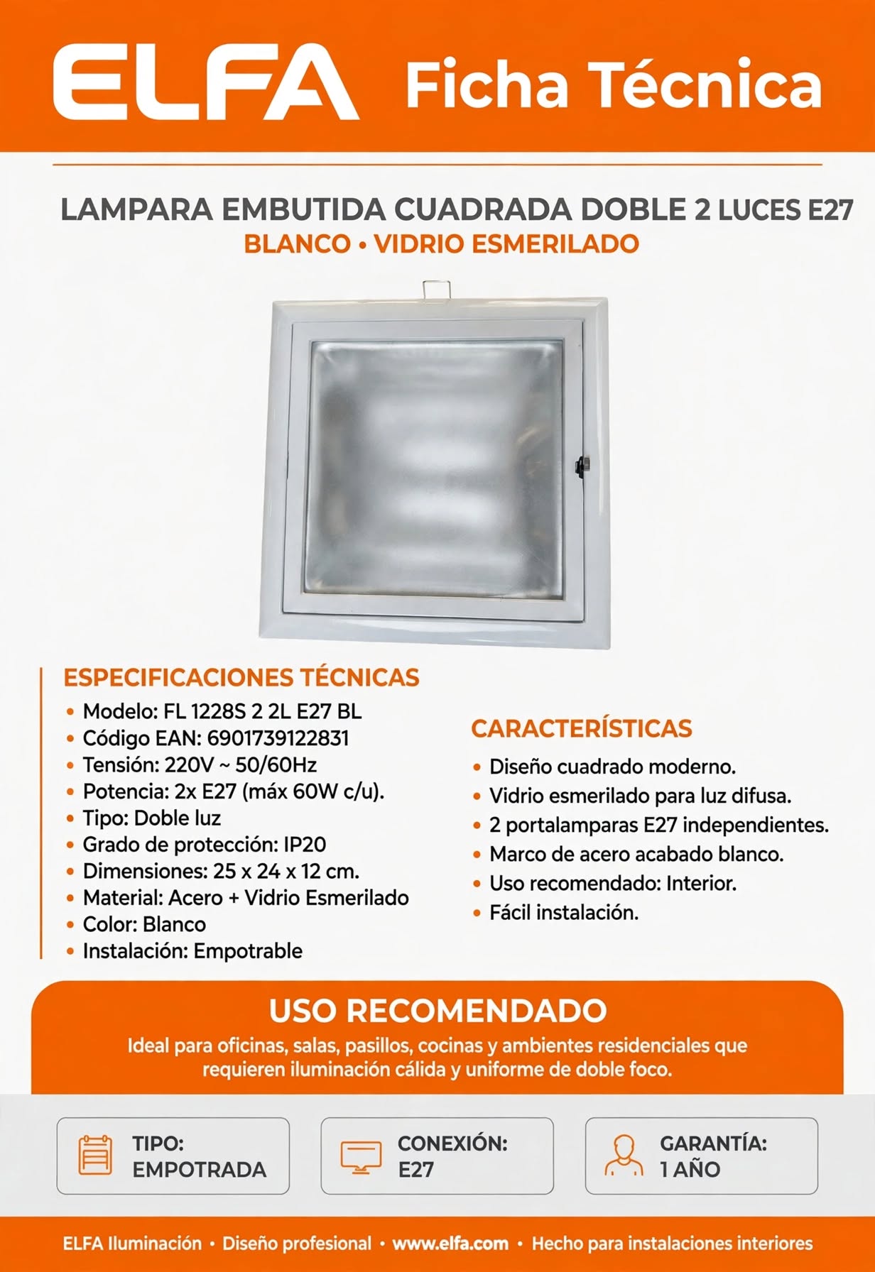 foco embutido  Cuadrado Doble E27 25cm 2 Luces Flexible Vidrio Esmerilado Blanco Para Oficina Cocina 3