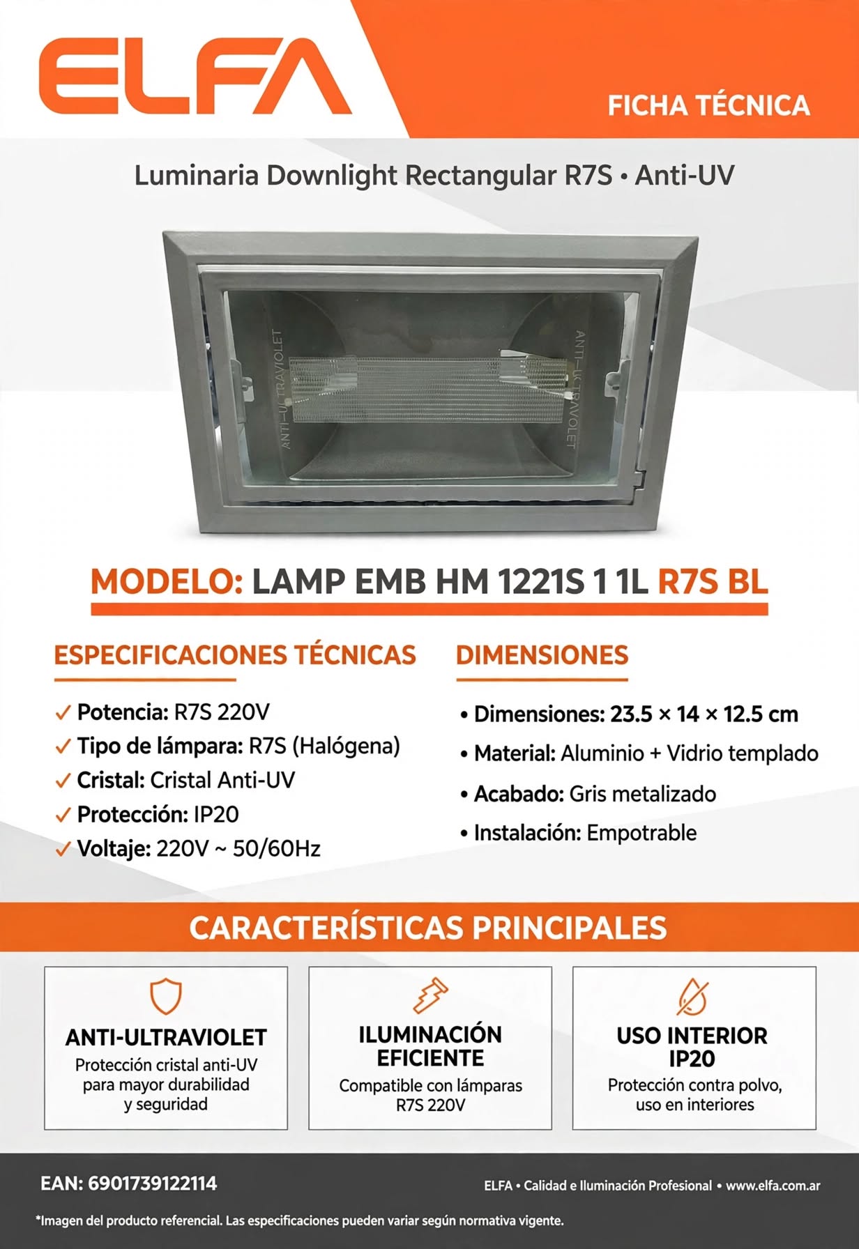 Lámpara Embutida Rectangular 1 Luz R7S Downlight Pro Alta Potencia Cristal Anti-UV Blanca 3