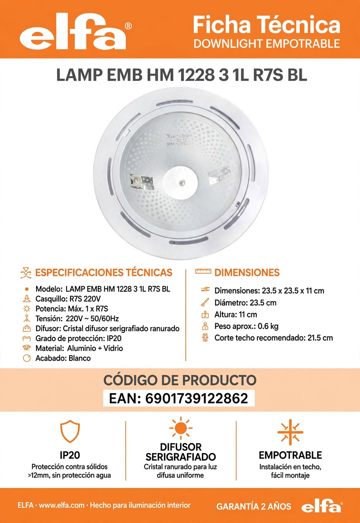 Foco embutido Redondo R7S 23,5cm Alta Potencia Difusor Serigrafiado Blanco Ranurado Para Mall Retail Hall 3