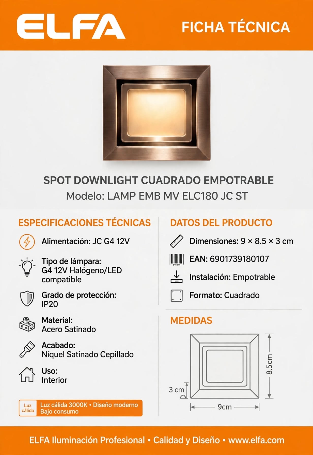 Spot Embutido Móvil JC  Ampolleta led G4 Acero Satinado Niquel 9cm Vidrio Esmerilado 12V Ultra Delgado 3cm Para Escalera Mueble 3