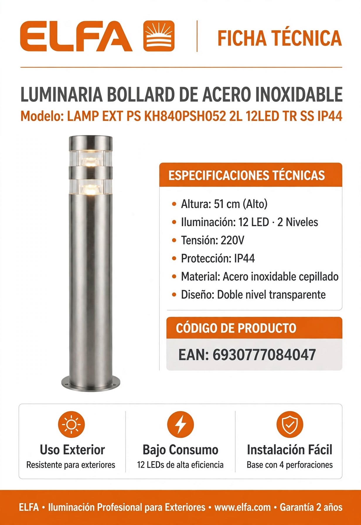 Lampara de  Exterior IP44 Acero Inoxidable 12LED Doble Nivel 51cm 220V Directo Para Sendero Jardín Terraza 3