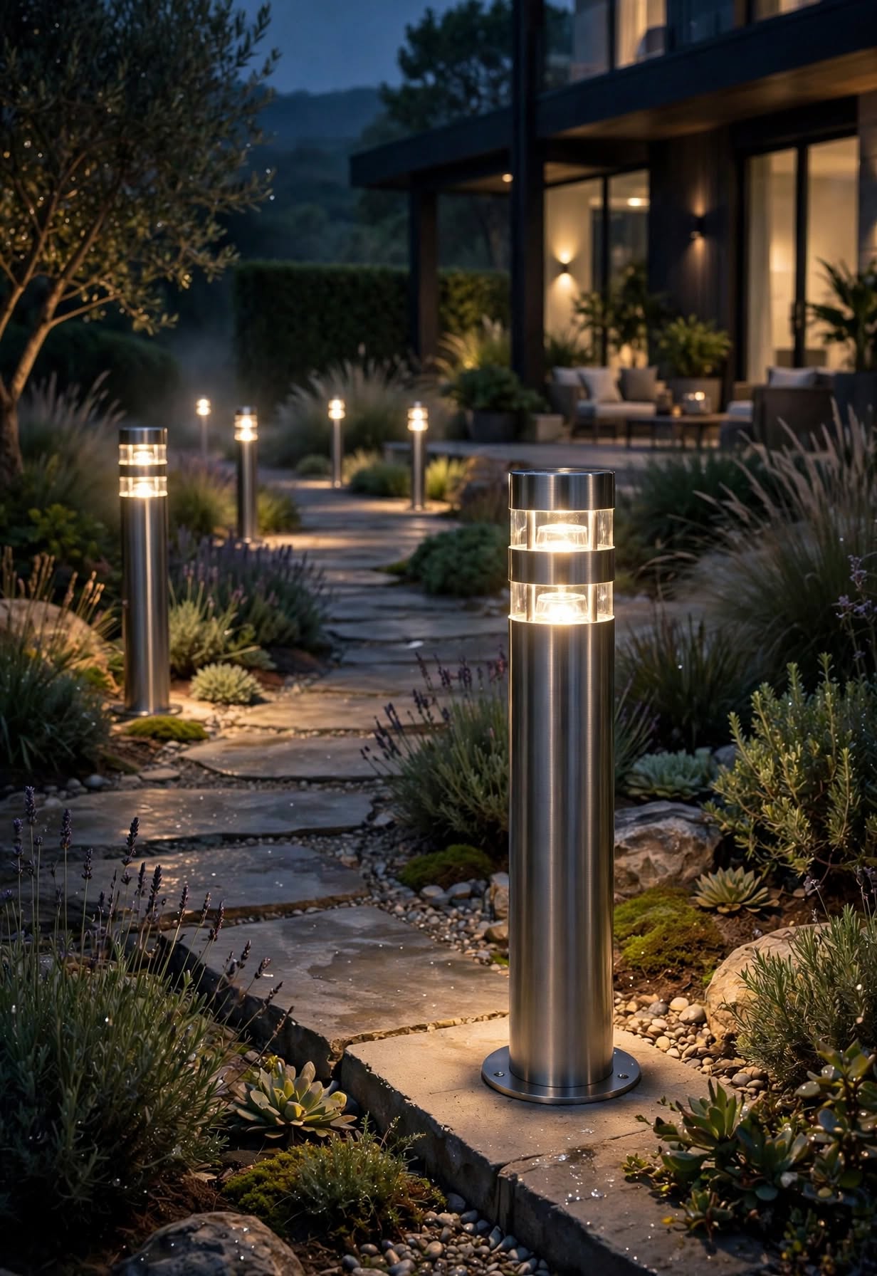 Lampara de  Exterior IP44 Acero Inoxidable 12LED Doble Nivel 51cm 220V Directo Para Sendero Jardín Terraza 2