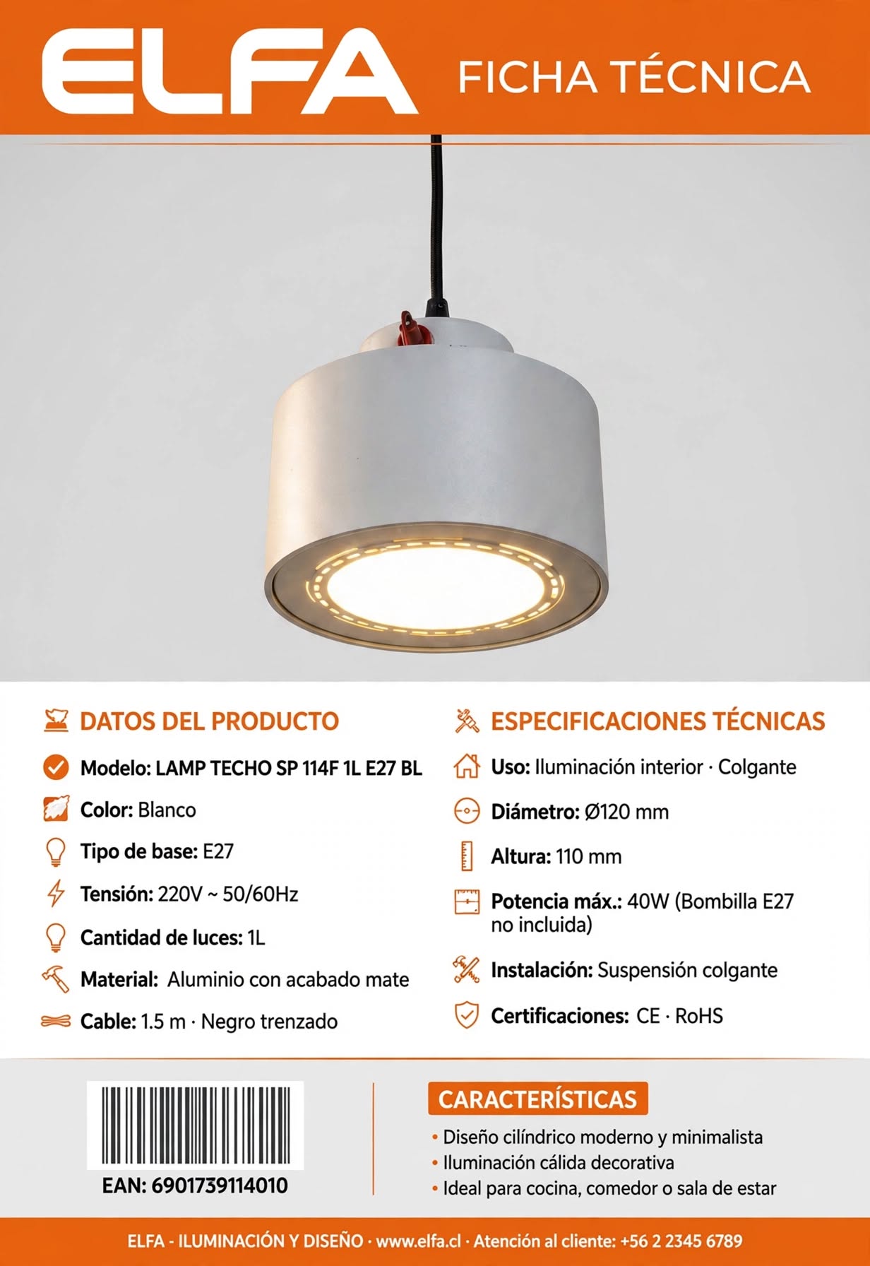 Lampara embutida o colgante  Cilíndrica Blanca E27 -  1 Luz 10cm 3