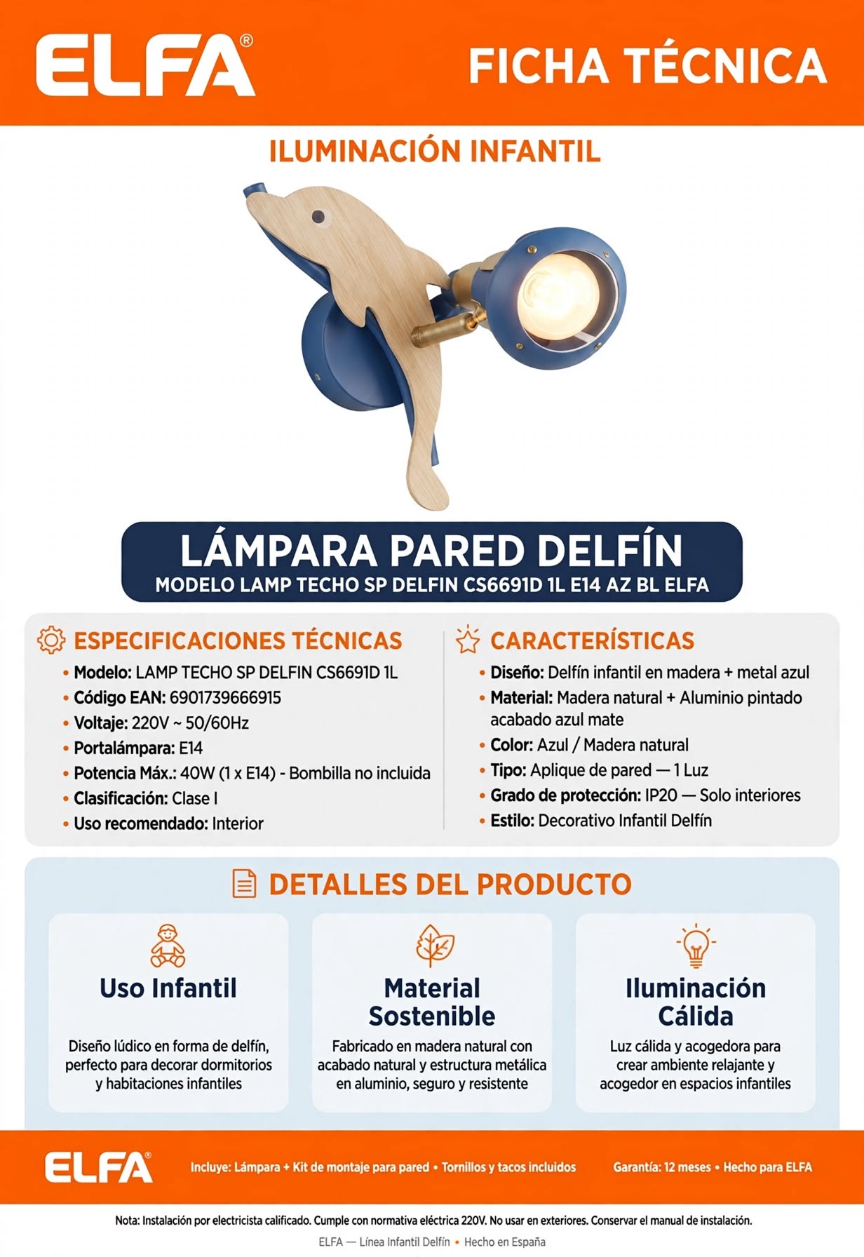 Aplique Delfín de Muro o Techo  Azul E14 28cm Elfa Para Dormitorio Niño Sala Juegos 3