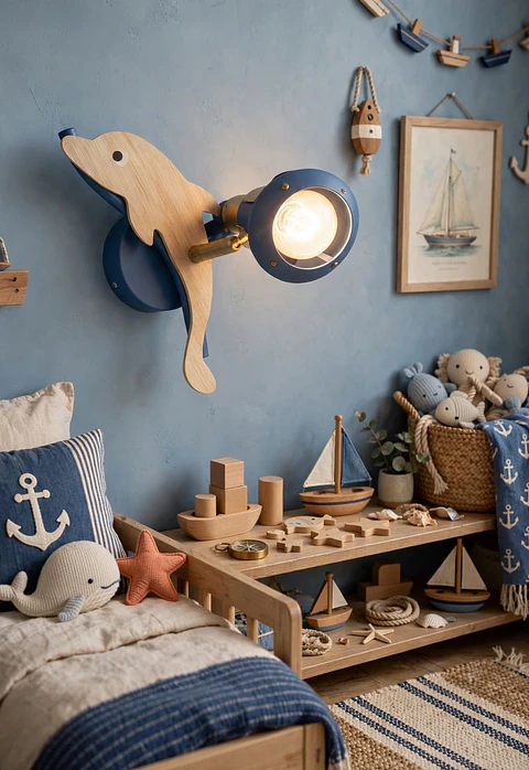 Aplique Delfín de Muro o Techo  Azul E14 28cm Elfa Para Dormitorio Niño Sala Juegos