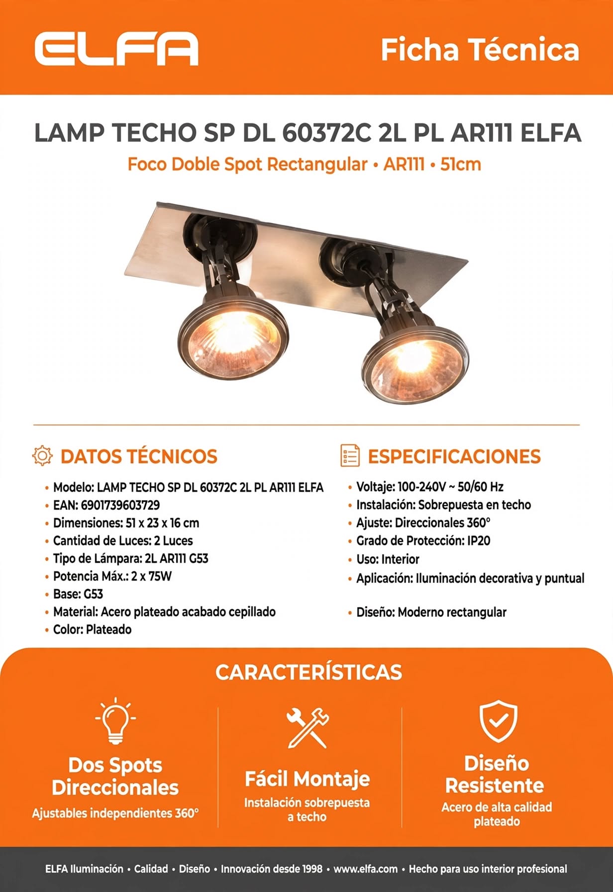 Lampará Embutido de Techo  AR111 G53 Plateado 2 Luces Direccional 51cm 220V Para Retail Galería Living Industrial 3