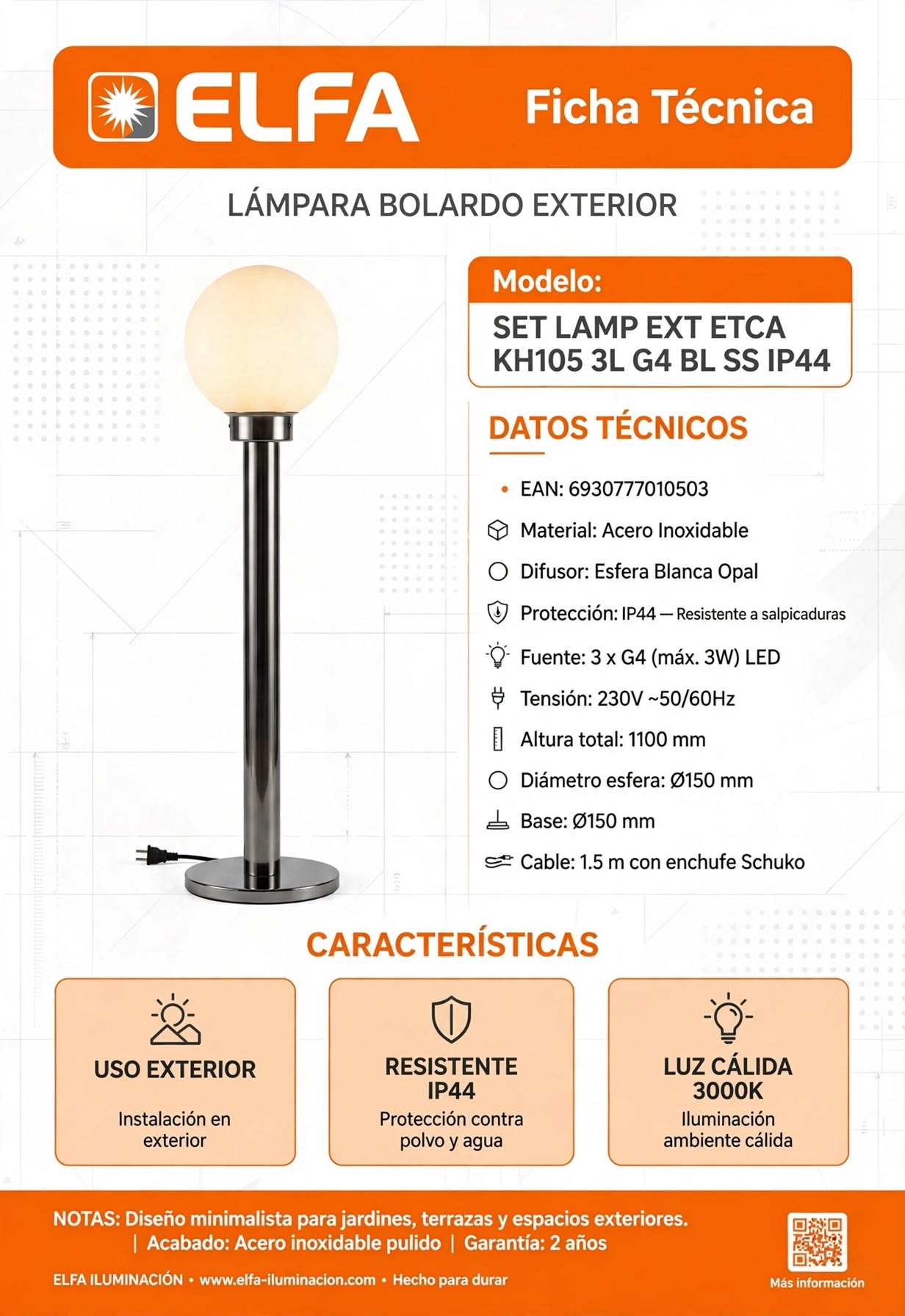 Lampará de Jardin 3 Estacas  P44 Acero Inoxidable Esfera Opal Blanca G4 32cm Para Sendero Cesped Terraza 3