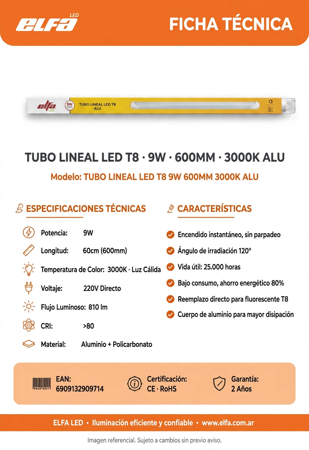 Tubo LED T8 9W 60cm 3000K Cálido 220V Directo Sin Balasto Aluminio Para Cocina Baño Vitrina 3