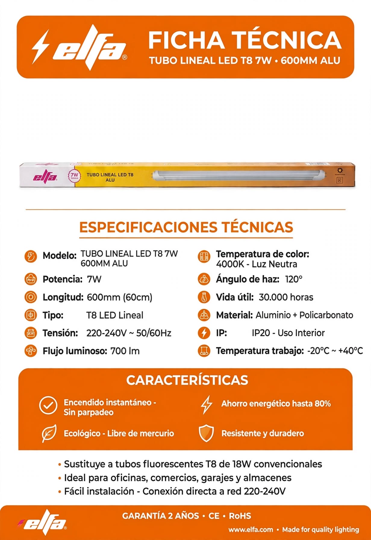 Tubo LED T8 18W 120cm 3000K Cálido 220V Directo Sin Balasto Aluminio Para Oficina Bodega Cocina 3