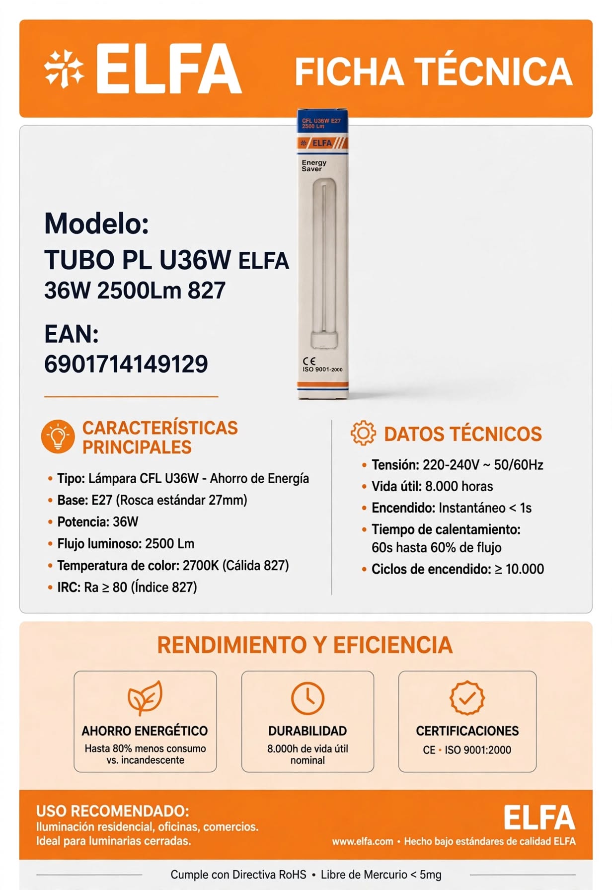Tubo PL-U 36W 2500Lm 827 Cálida Energy Saver Compacto 42cm Para Plafón Oficina Cocina 3