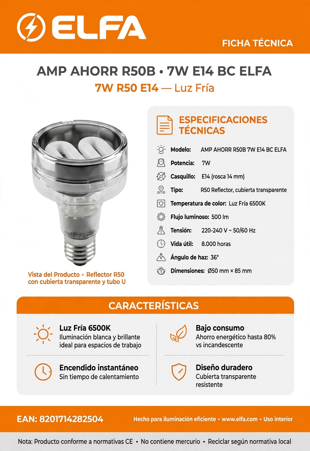 Ampolleta Ahorro R50 7W E14 Luz Fría Reflector Mini Para Ojo Buey Vitrina Velador 3