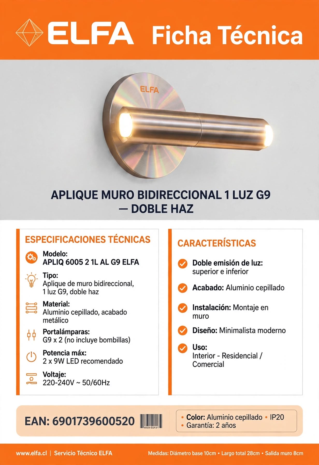 Aplique Muro Bidireccional G9 2 luces  Aluminio Doble Haz Up Down Para Sala Pasillo Dormitorio 3