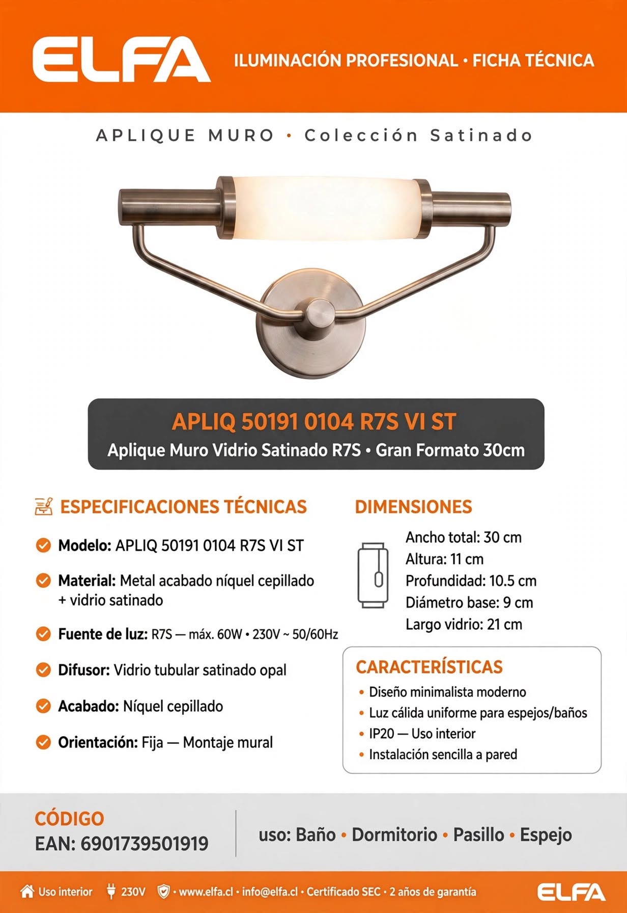 Aplique Muro Vidrio Satinado R7S 30cm Gran Formato Luz Difusa Para Sala Hall Escalera 3