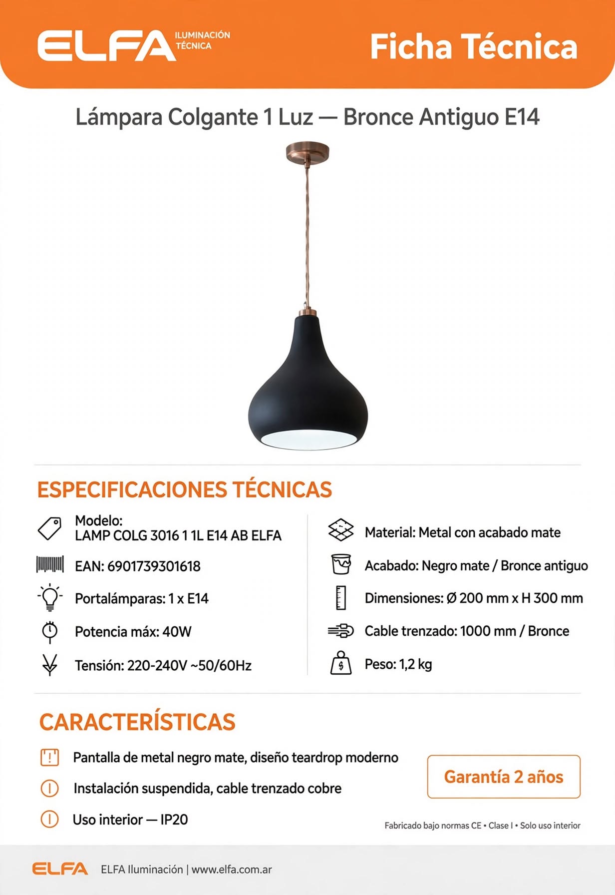 Lámpara Colgante 1 Luz Bronce Antiguo E14 Elfa Vintage 220V 27x20x18cm Bronce AB Punto lectura barra 3