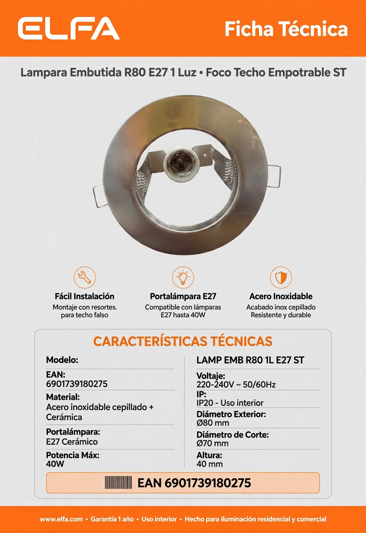 Lampara Embutida R80 E27 1 Luz Foco Techo Empotrable ST 220V 13x13x13cm 3