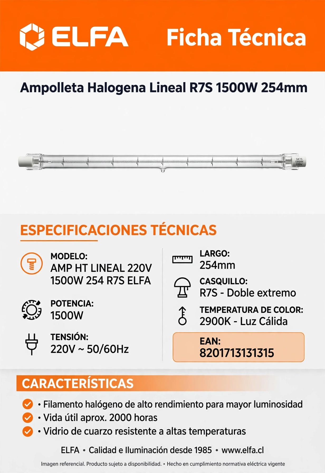Ampolleta Halogena Lineal R7S 1500W 254mm Elfa 220V Alta Potencia Para Proyector Faena Galpon 3