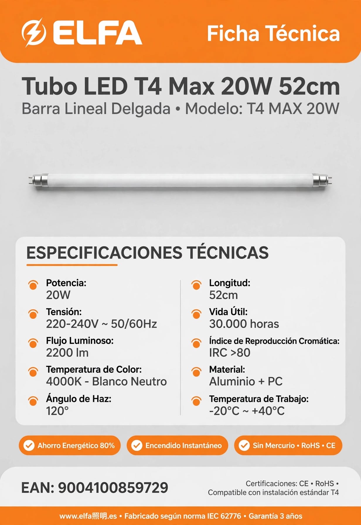 Tubo LED T4 Max 20W Barra Lineal Delgada 220V Bajo Mueble 52cm 3