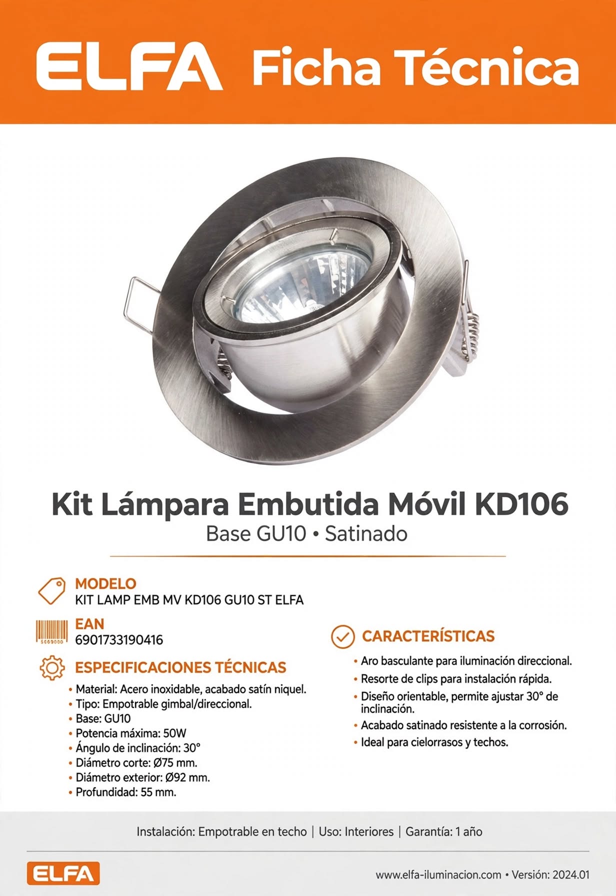 Kit Lampara Embutida Movil KD106 Base GU10 Satinado ST Elfa Spot Dirigible 11x11x7cm 3