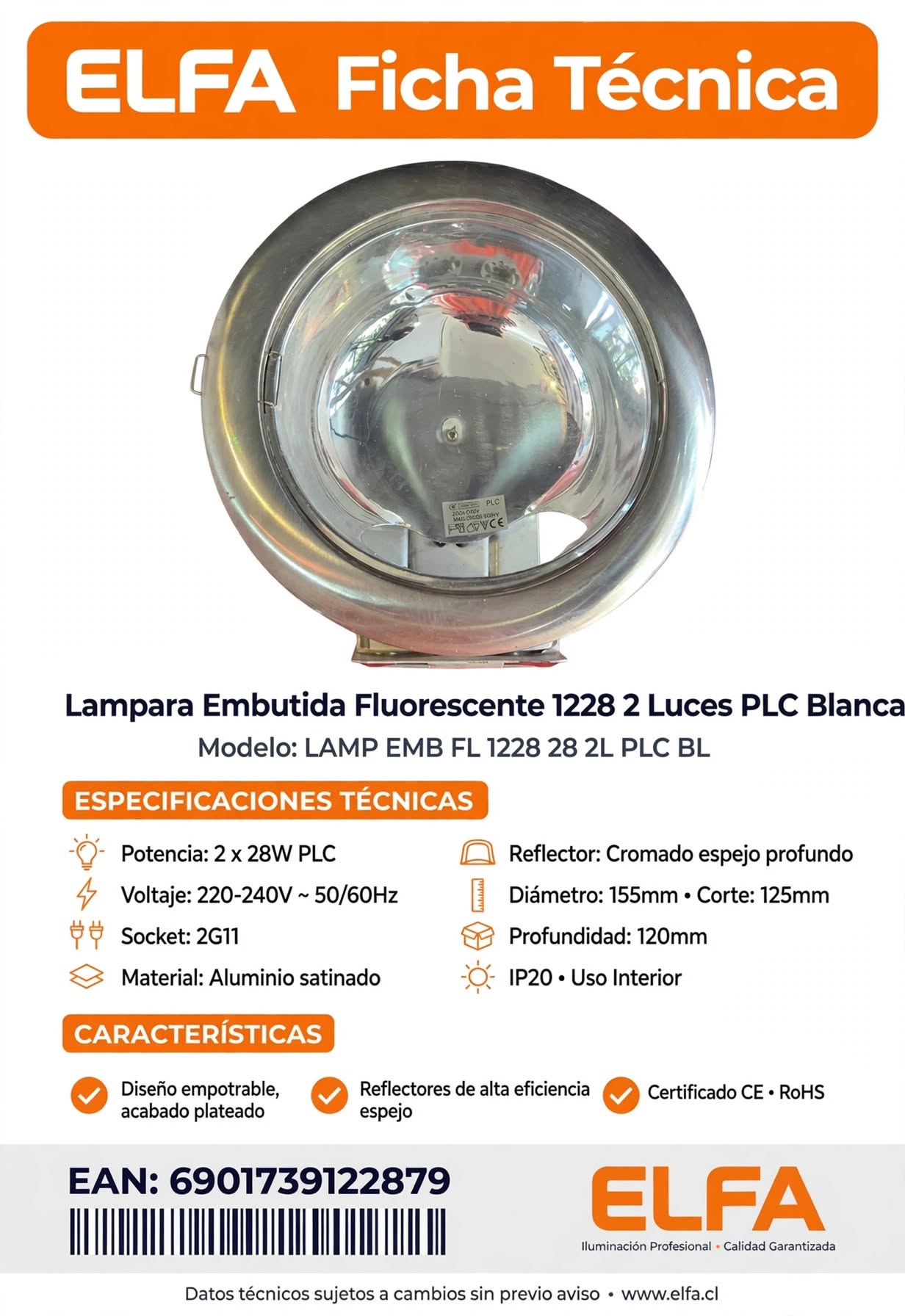 Lampara Embutida Fluorescente 1228 2 Luces Base PLC Blanca Elfa 25x25cm 3