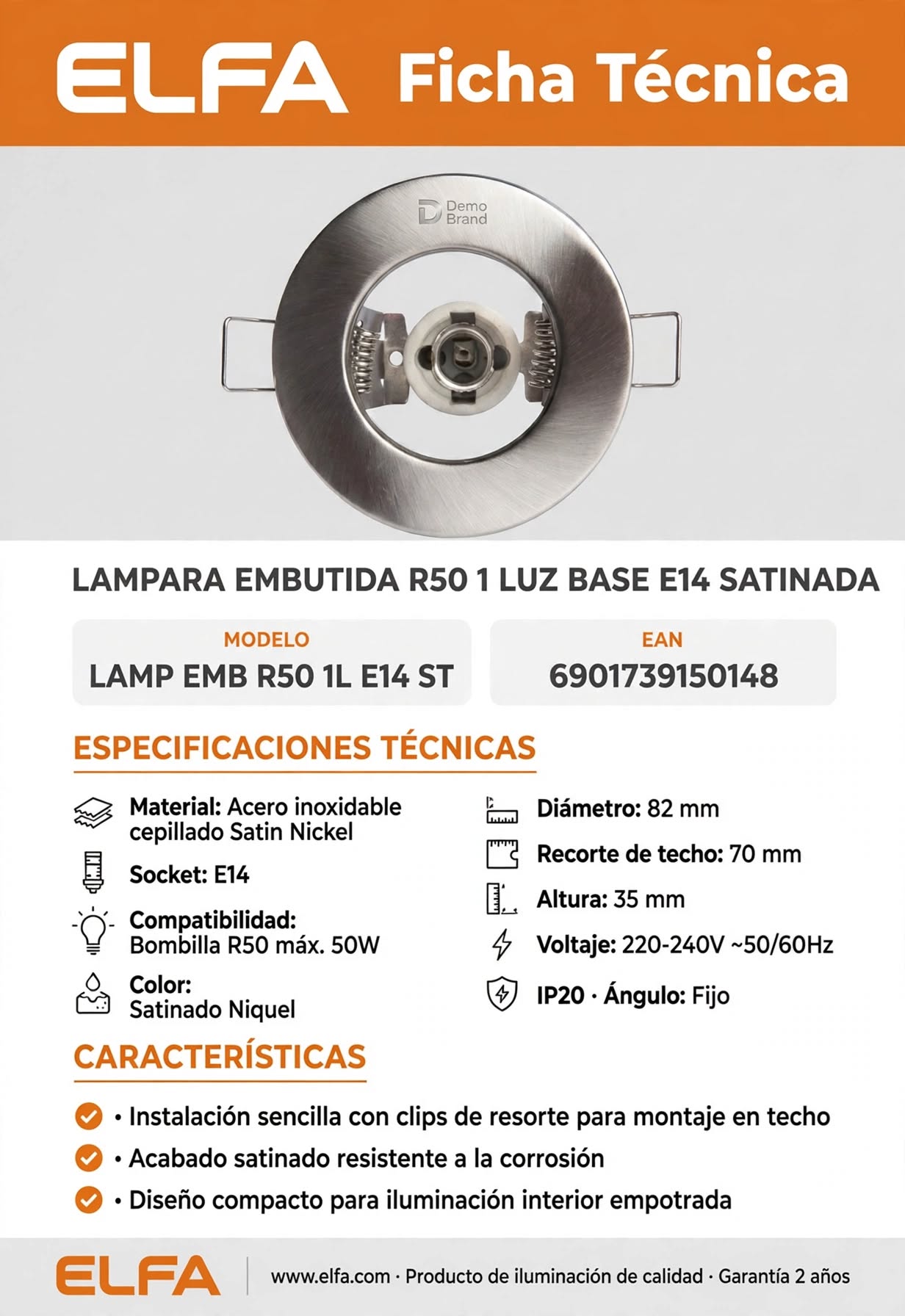 Lampara Embutida R50 1 Luz Base E14 Satinada ST Elfa Spot Techo 3