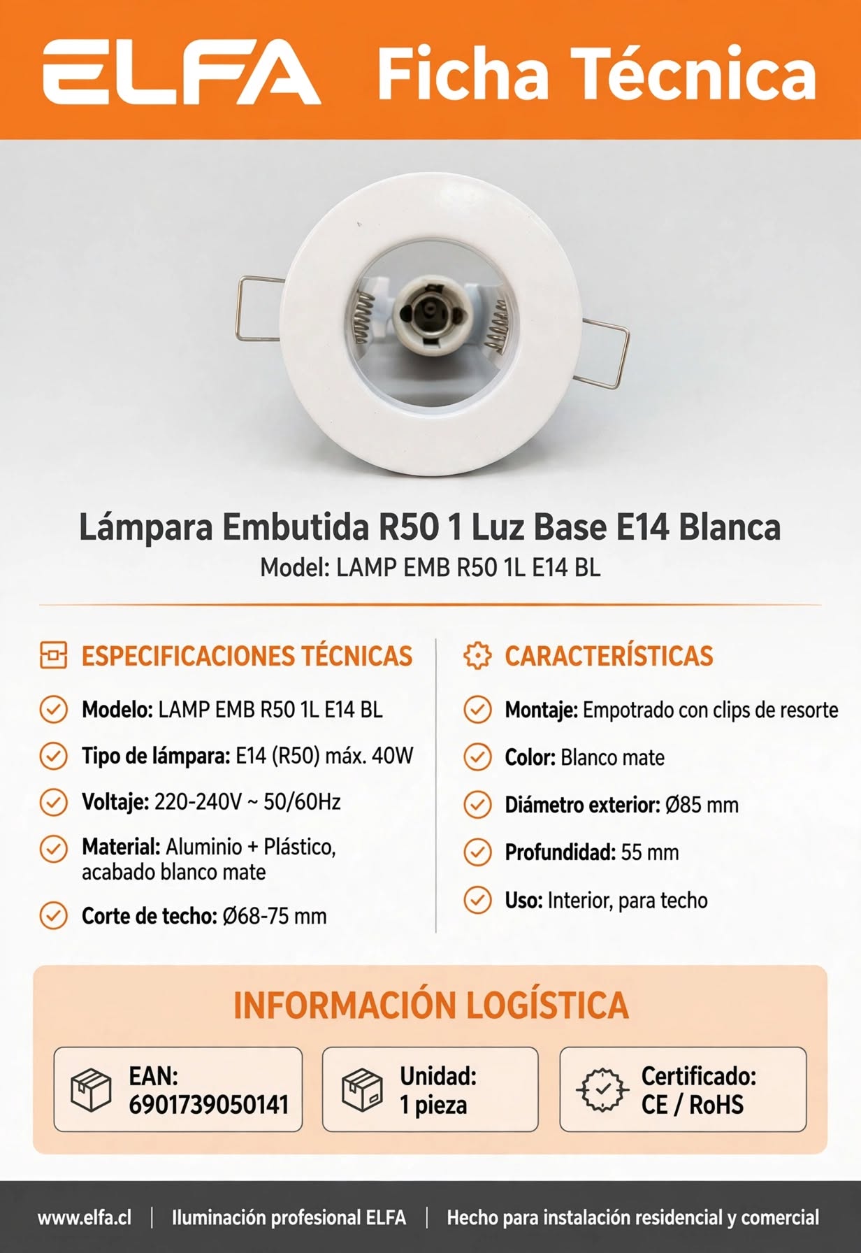 Lampara Embutida R50 1 Luz Base E14 Blanca BL Elfa Spot Techo 3