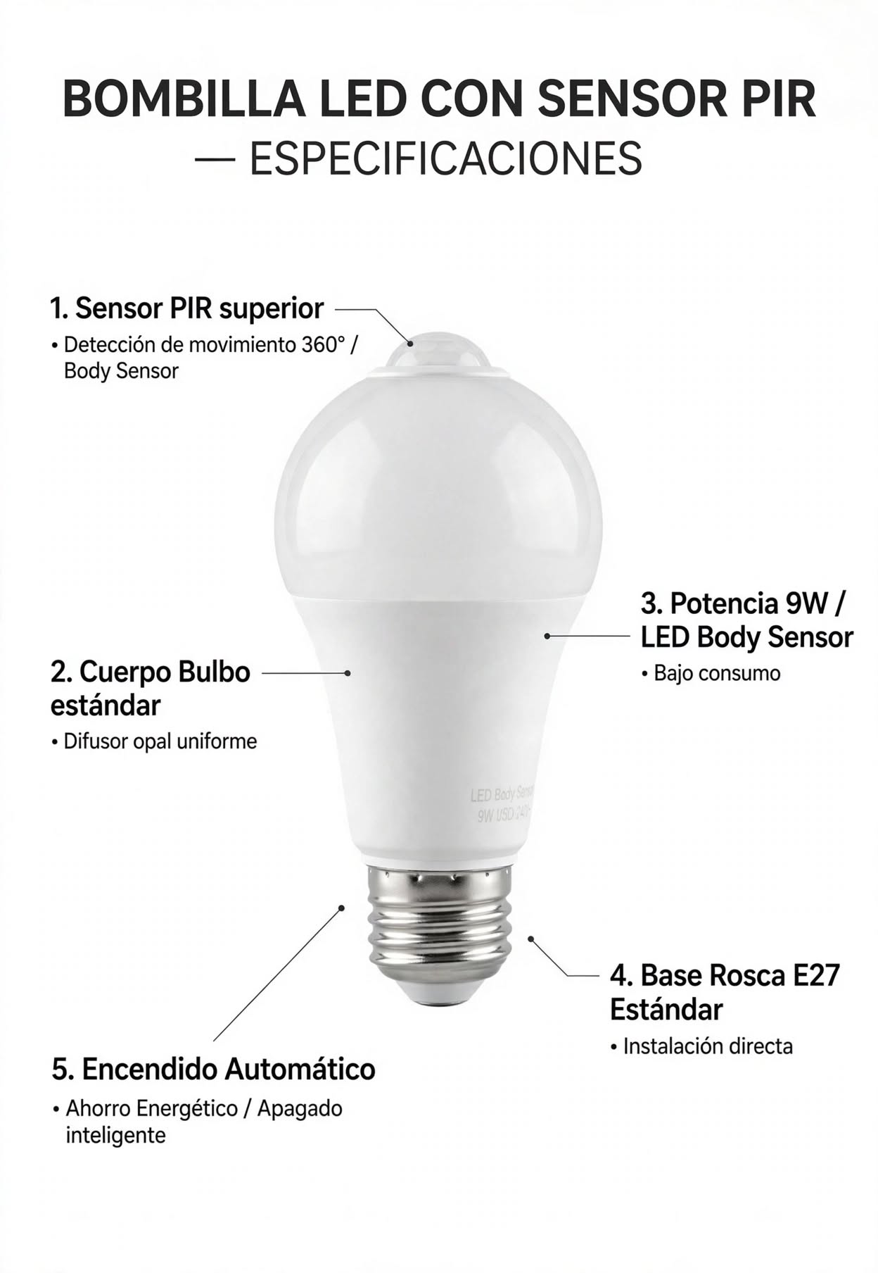 Ampolleta LED con Sensor Movimiento Body Sensor 9W E27 Automatica 2
